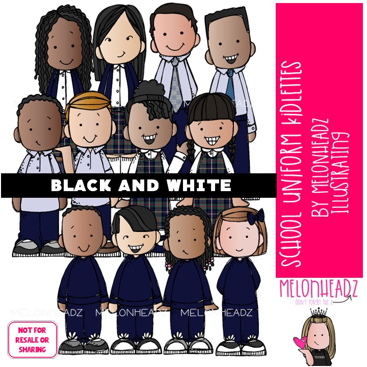 Kidlettes School Uniforms clip art 2025 BLACK AND WHITE