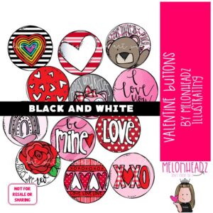 Valentine Button clip art, Badge clip art BLACK AND WHITE