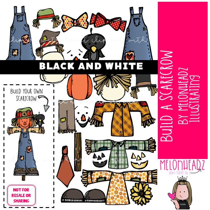 Build a Scarecrow clip art, fall, autumn, digital paper doll BLACK AND WHITE