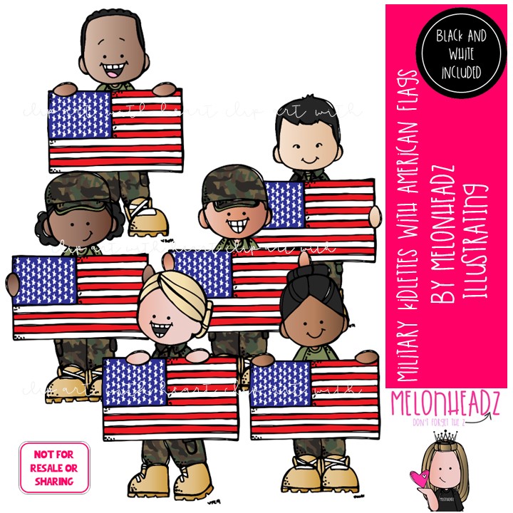 Military Kidlettes w flags Mini (c) Melonheadz Illustrating LLC 2021