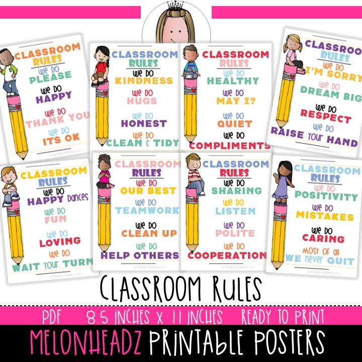 Classroom Rules printable posters (c) Melonheadz Illustrating LLC 2022