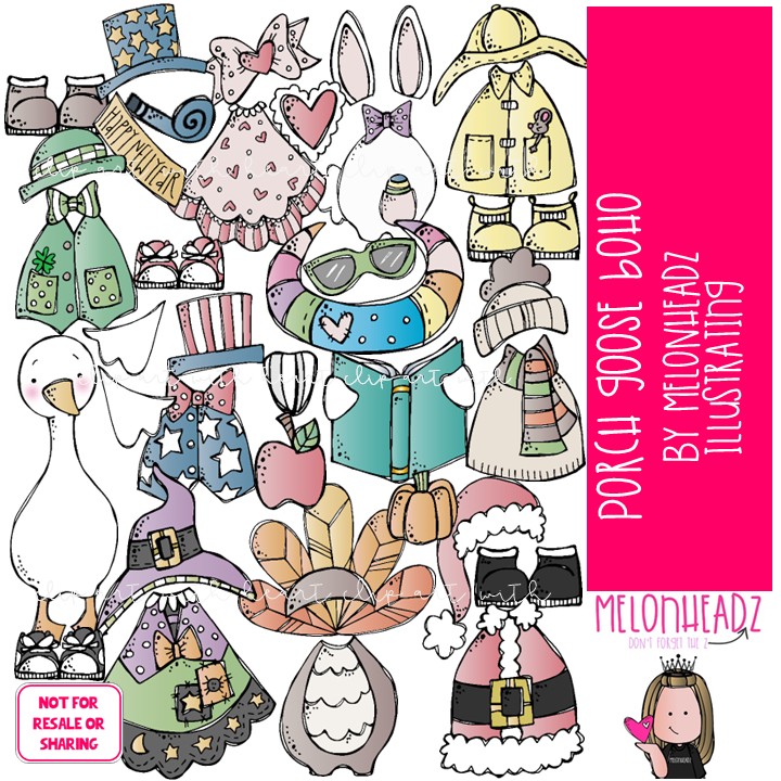 Porch Goose clip art, Build A, Mix and Match, year long BOHO COLORED Version