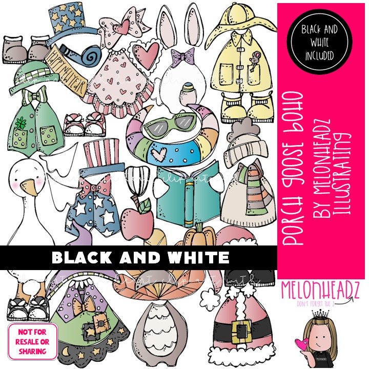 Porch Goose clip art, Build A, Mix and Match, year long BOHO BLACK AND WHITE