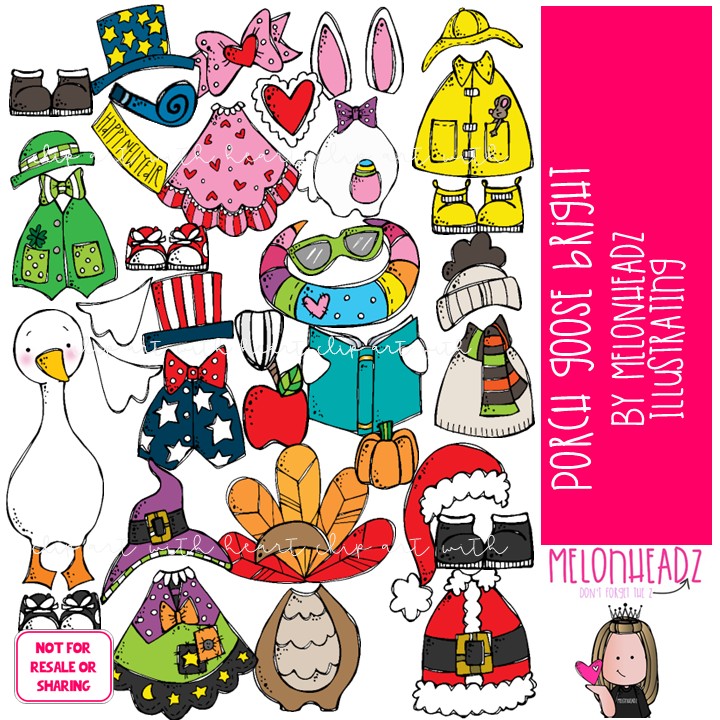 Porch Goose clip art, Build A, Mix and Match, year long BRIGHT COLORED Version