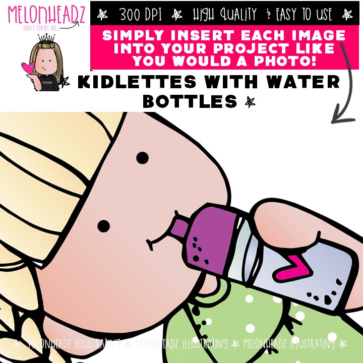 Kidlettes with water bottles clip art, hydration station, drink water Mini - Image 3