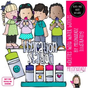 Kidlettes with water bottles clip art, hydration station, drink water Mini