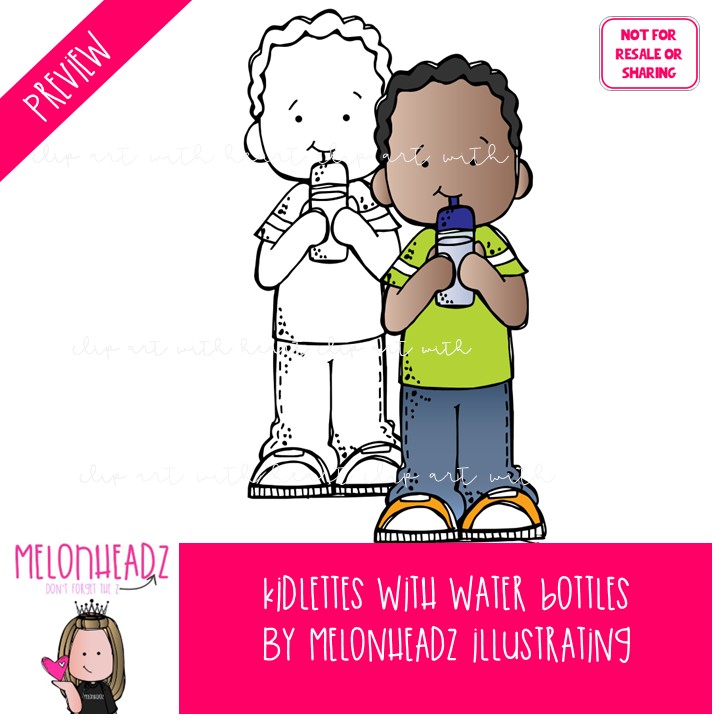 Kidlettes with water bottles clip art, hydration station, drink water Mini - Image 2