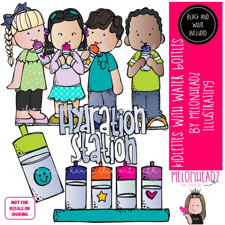Kidlettes with water bottles clip art, hydration station, drink water Mini