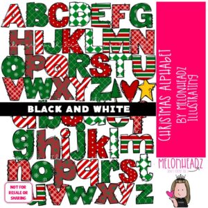 Christmas Alphabet clip art, letters, ABCs BLACK AND WHITE
