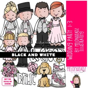 Wedding Party 1-3 clip art, bride, groom BLACK AND WHITE
