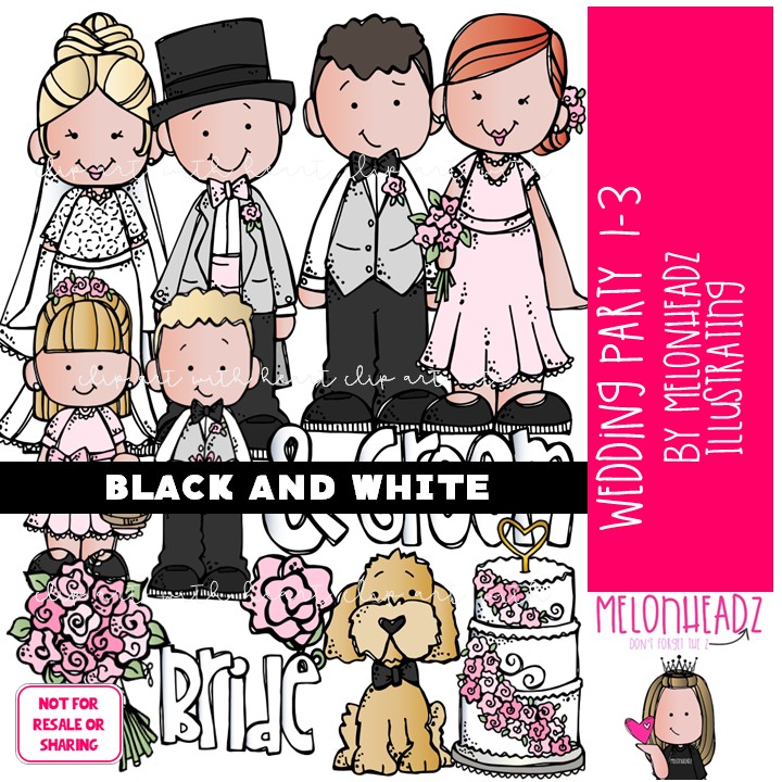 Wedding Party 1-3 clip art, bride, groom BLACK AND WHITE