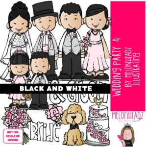 Wedding Party 4 clip art, bride, groom BLACK AND WHITE