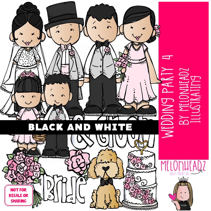 Wedding Party 4 clip art, bride, groom BLACK AND WHITE